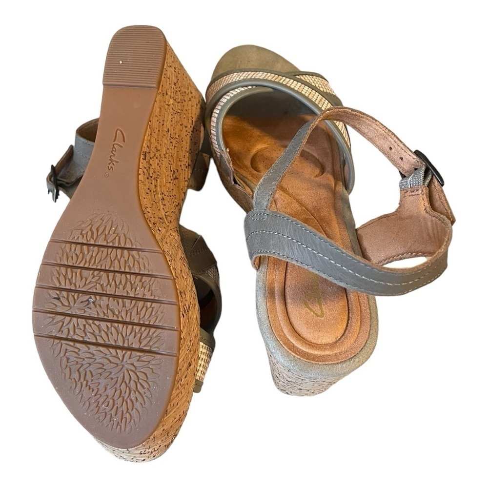 Clarks Womens Elleri Plum Olive Leather Textured Cork Ankle Strap Shoes Sz 9.5 W - Picture 11 of 12